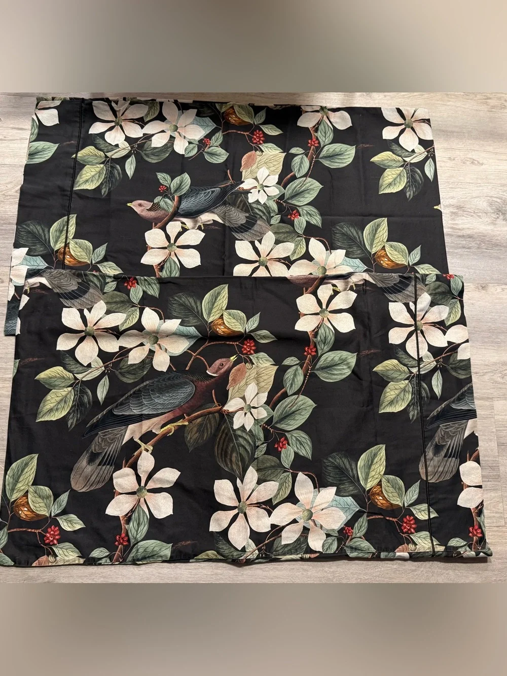 Cuddledown Standard Size Pillowcases Black Floral Bird Print James Audubon